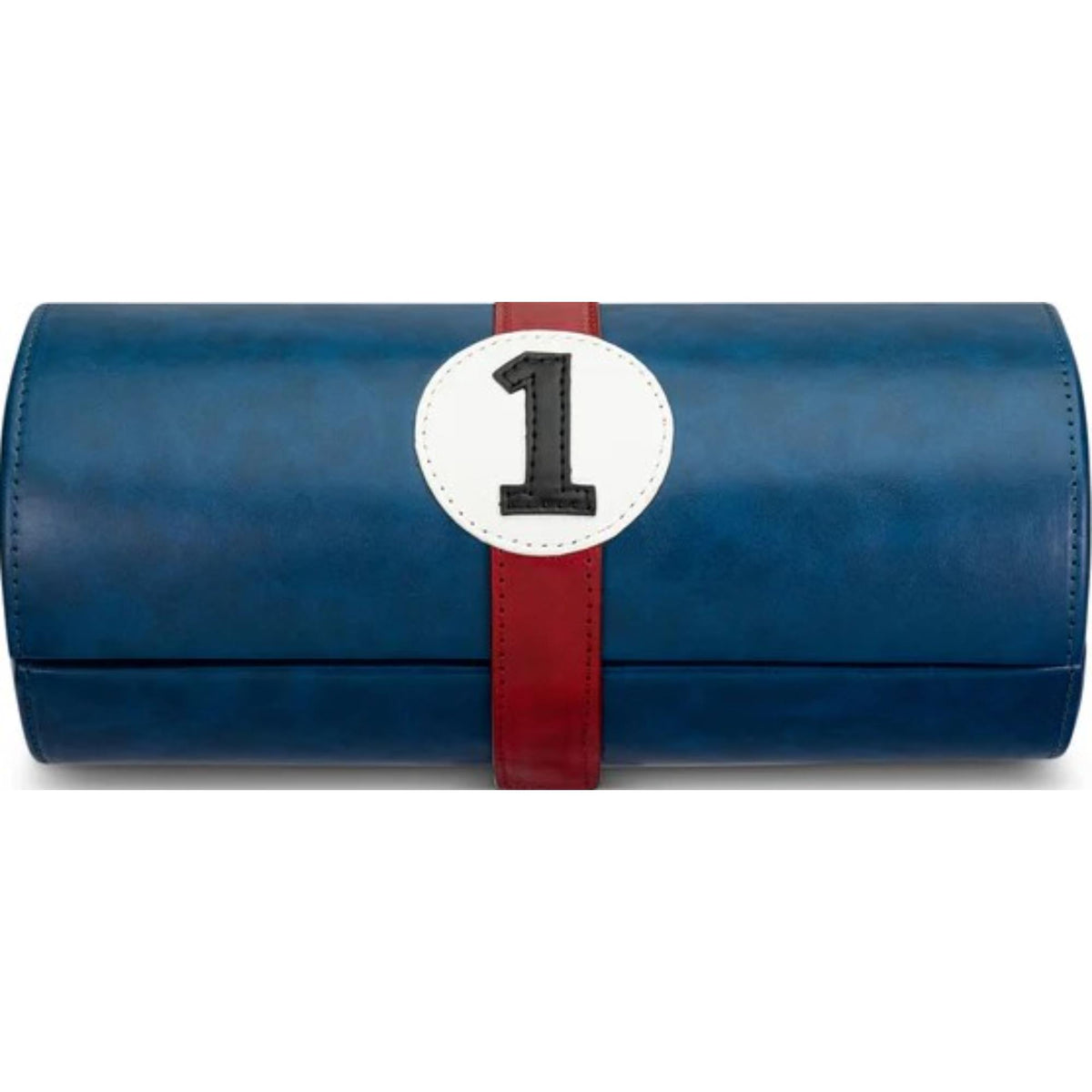 Navy blue watch case pouch with red center strap and white round “1” label.