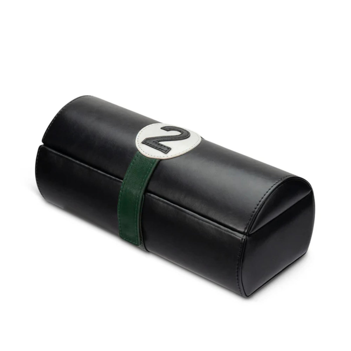 4-slot watch case pouch, black exterior with green band and white “2” emblem on top.