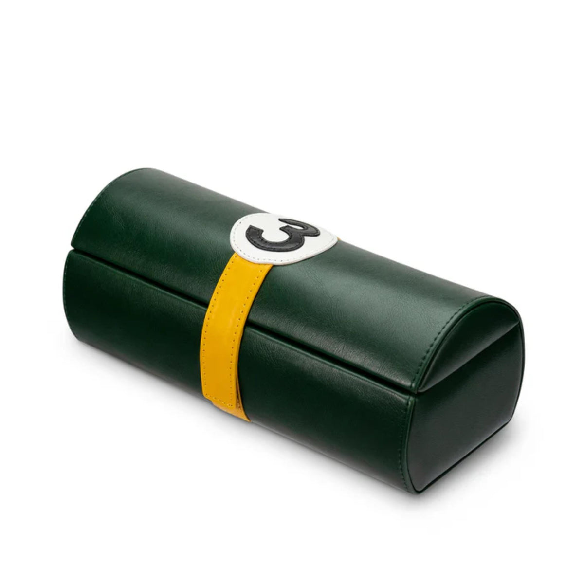 Closed green watch case pouch with yellow strap and white horseshoe “3” emblem