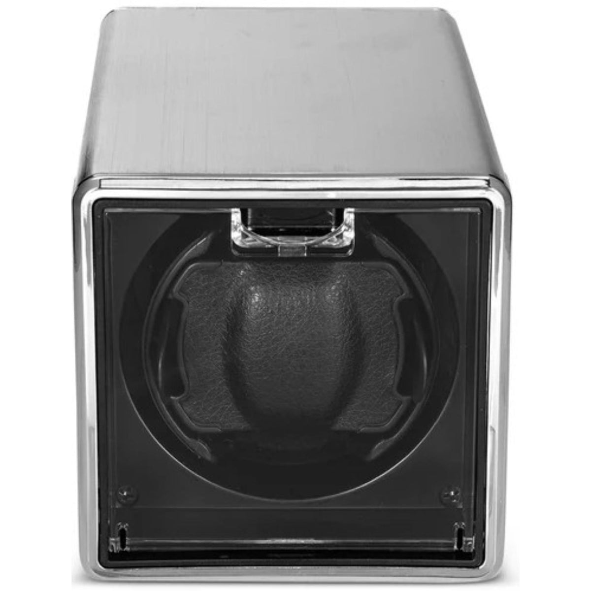 Single-slot silver watch winder front window with black padded cradle