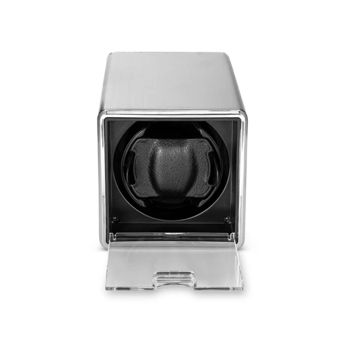 Silver single-slot watch winder open front with black padded cradle