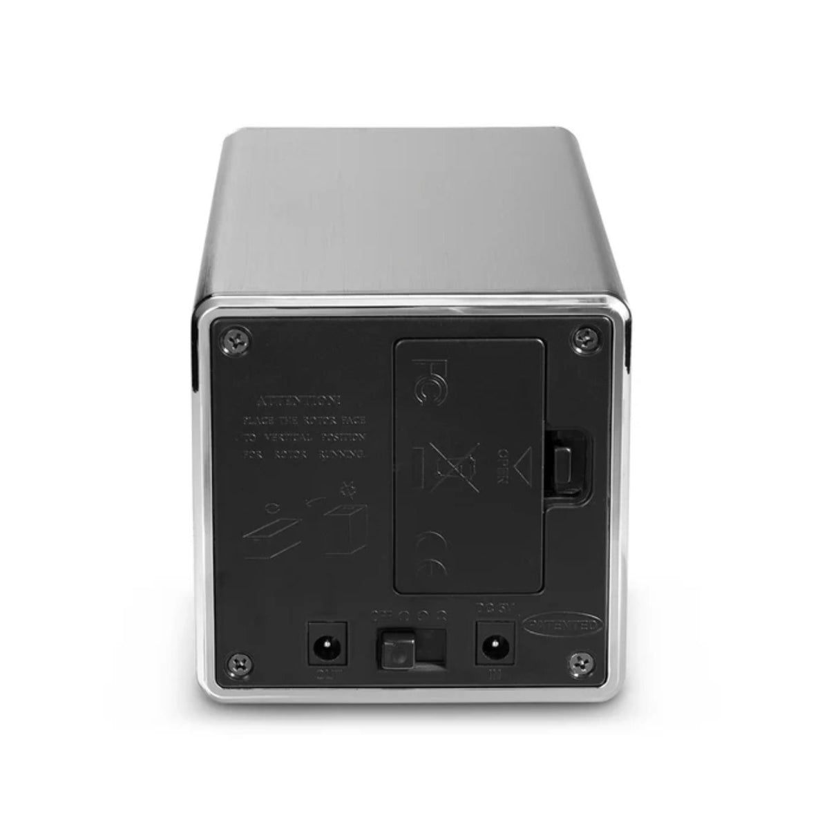 Back view of silver watch winder with control panel and power input