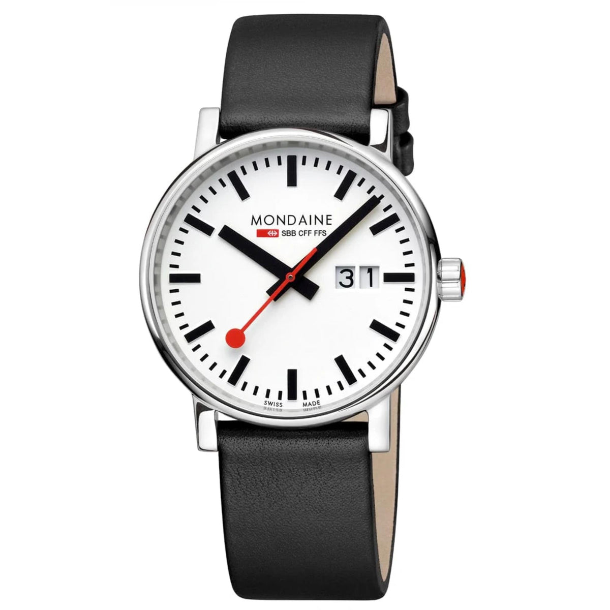 Front-view studio shot of Mondaine Evo2 MSE.40210.LBV stainless steel timepiece with black strap