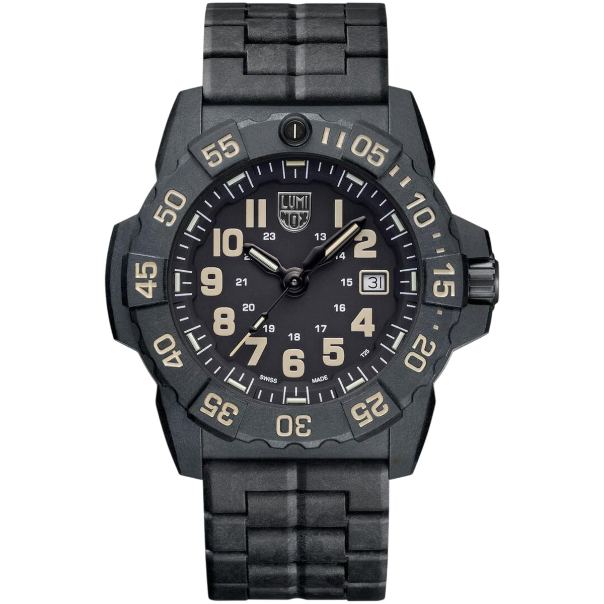 Black men's quartz wristwatch with black dial, bezel markings, and rubber strap.