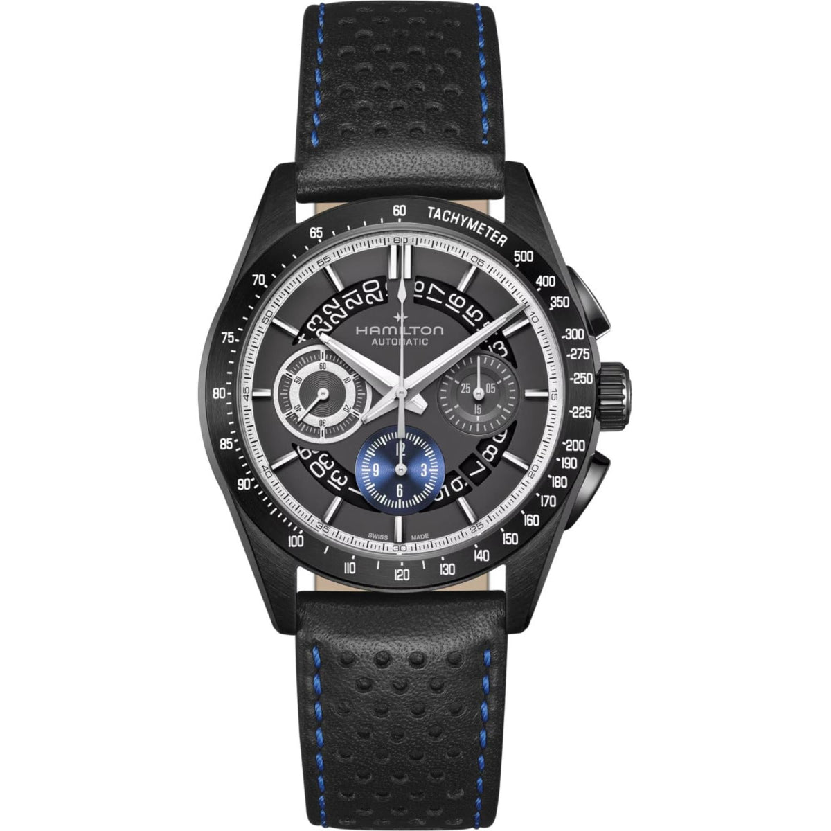 Men's automatic chronograph watch with anthracite dial and black perforated leather strap