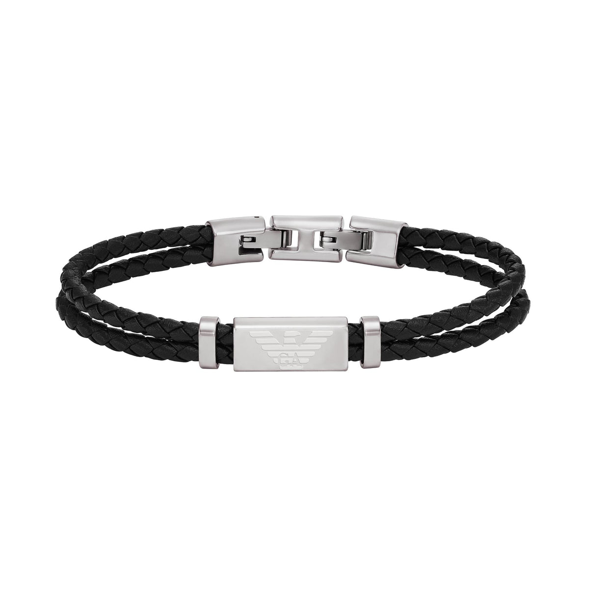 Men's black braided leather ID bracelet with silver-tone rectangular logo plate and side buckles
