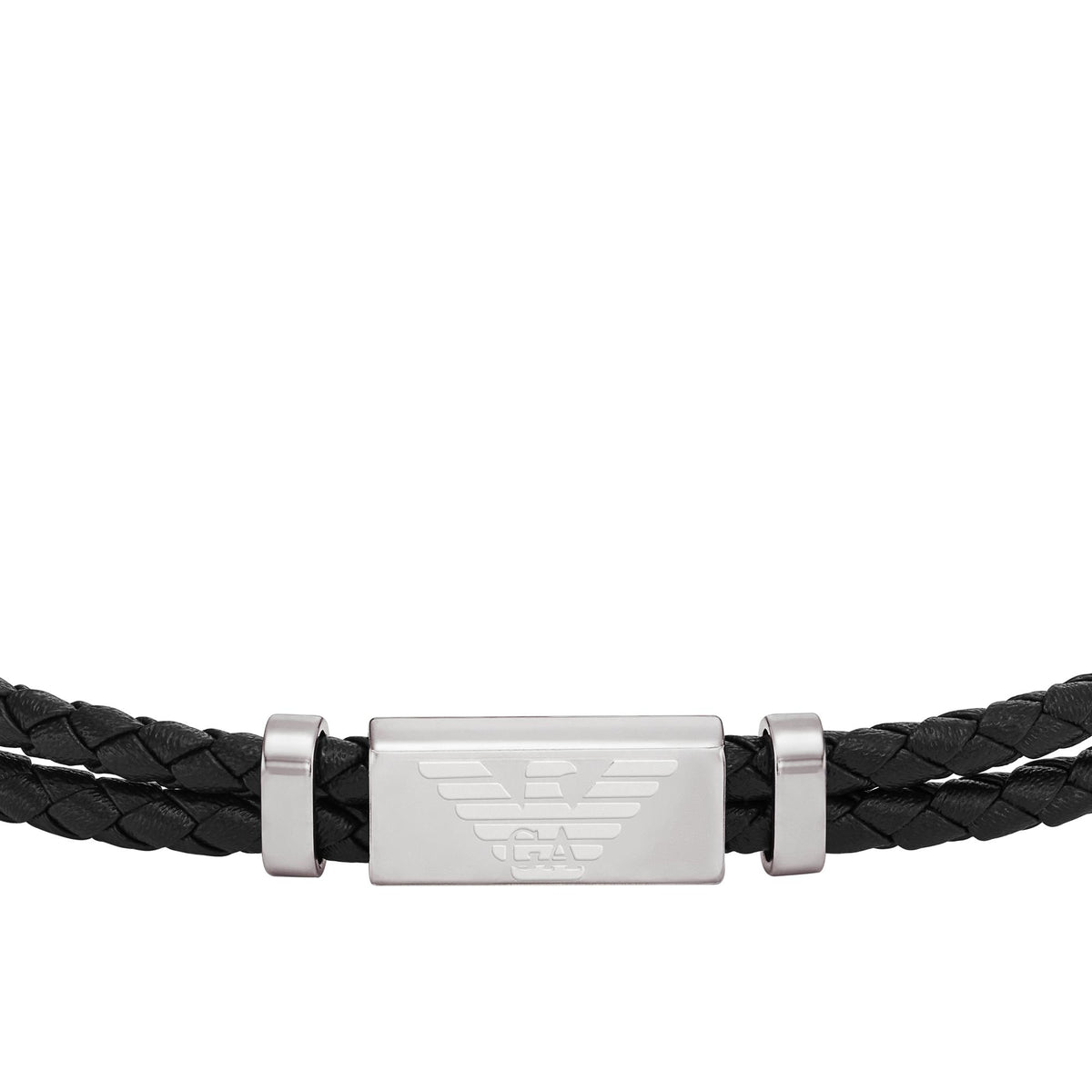 Men's black braided leather ID bracelet front view with centered silver logo plate
