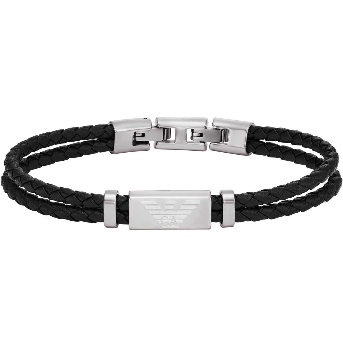 Men's black braided leather ID bracelet with silver-tone clasp rings and rectangular logo plate