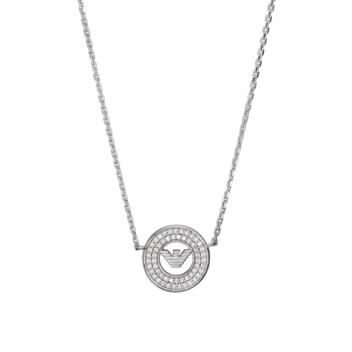 Emporio Armani sterling silver pendant necklace with round crystal logo charm