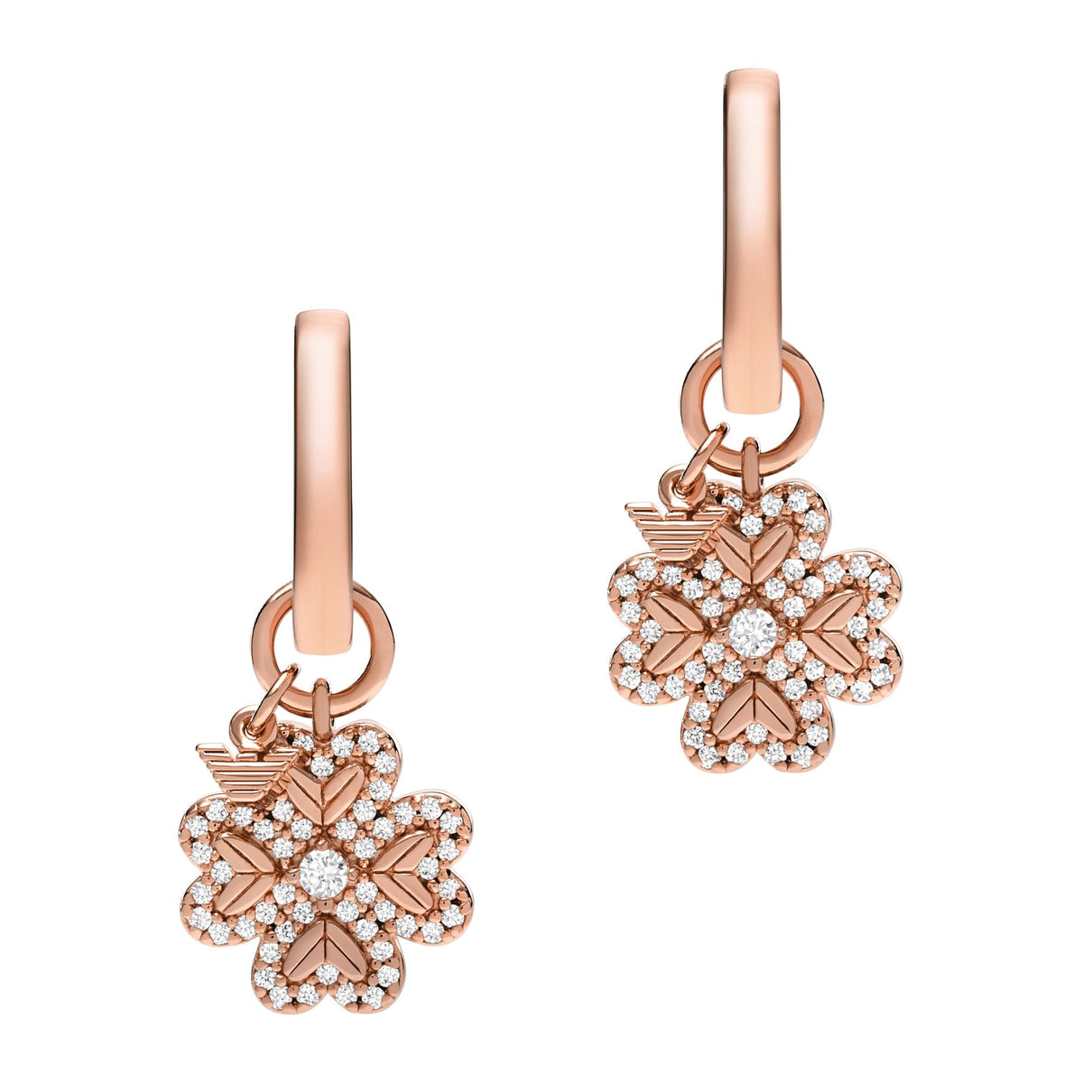 Rose gold-tone hoop earrings with crystal flower dangle charms, pair