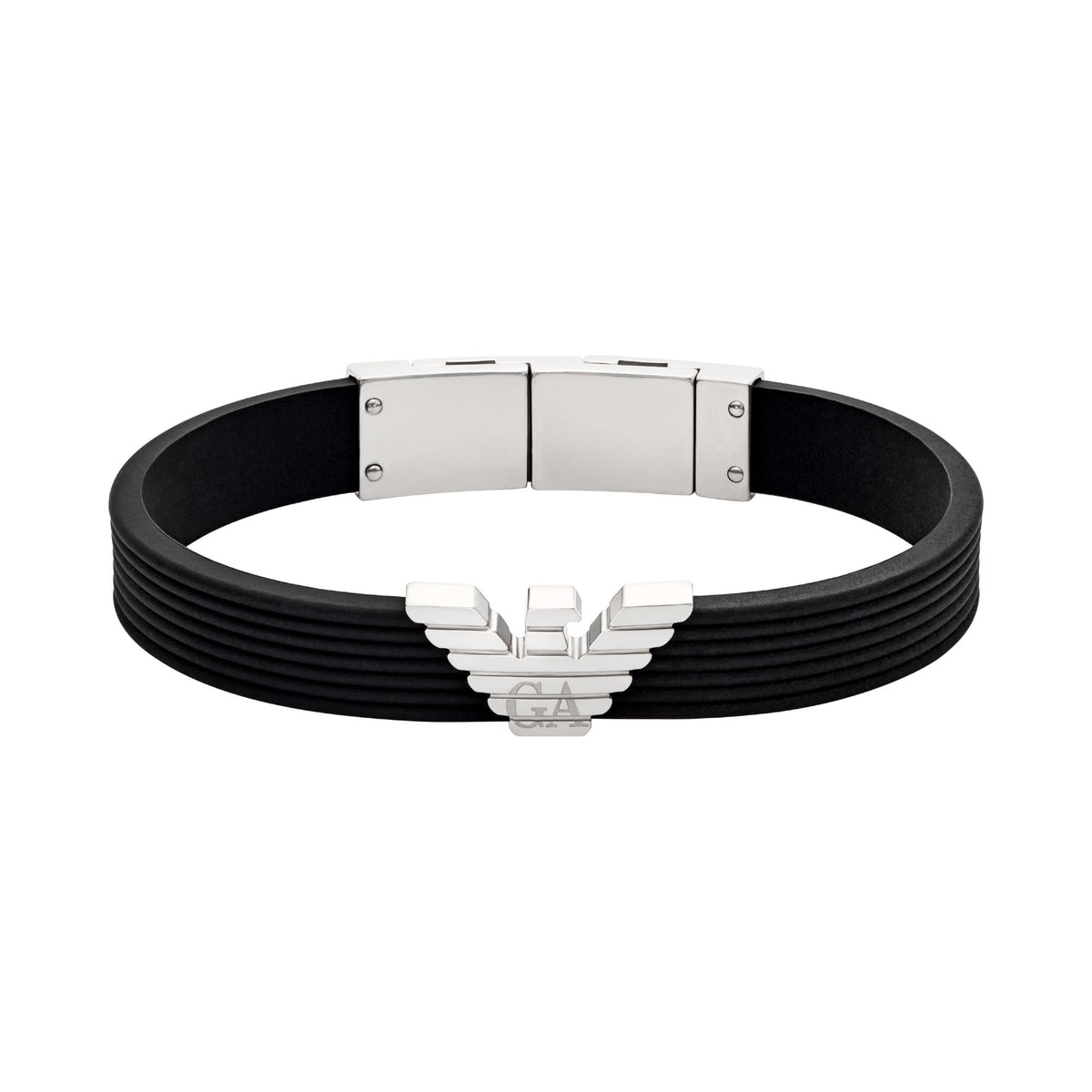 Black silicone ID bracelet with silver-tone ID plate clasp and centered winged emblem