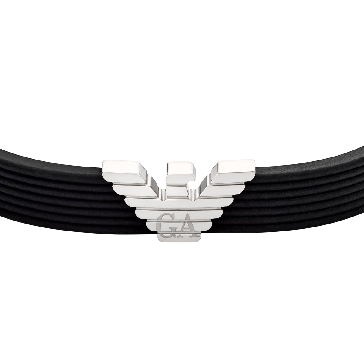 Close-up of black silicone bracelet showing silver-tone winged emblem and ID clasp