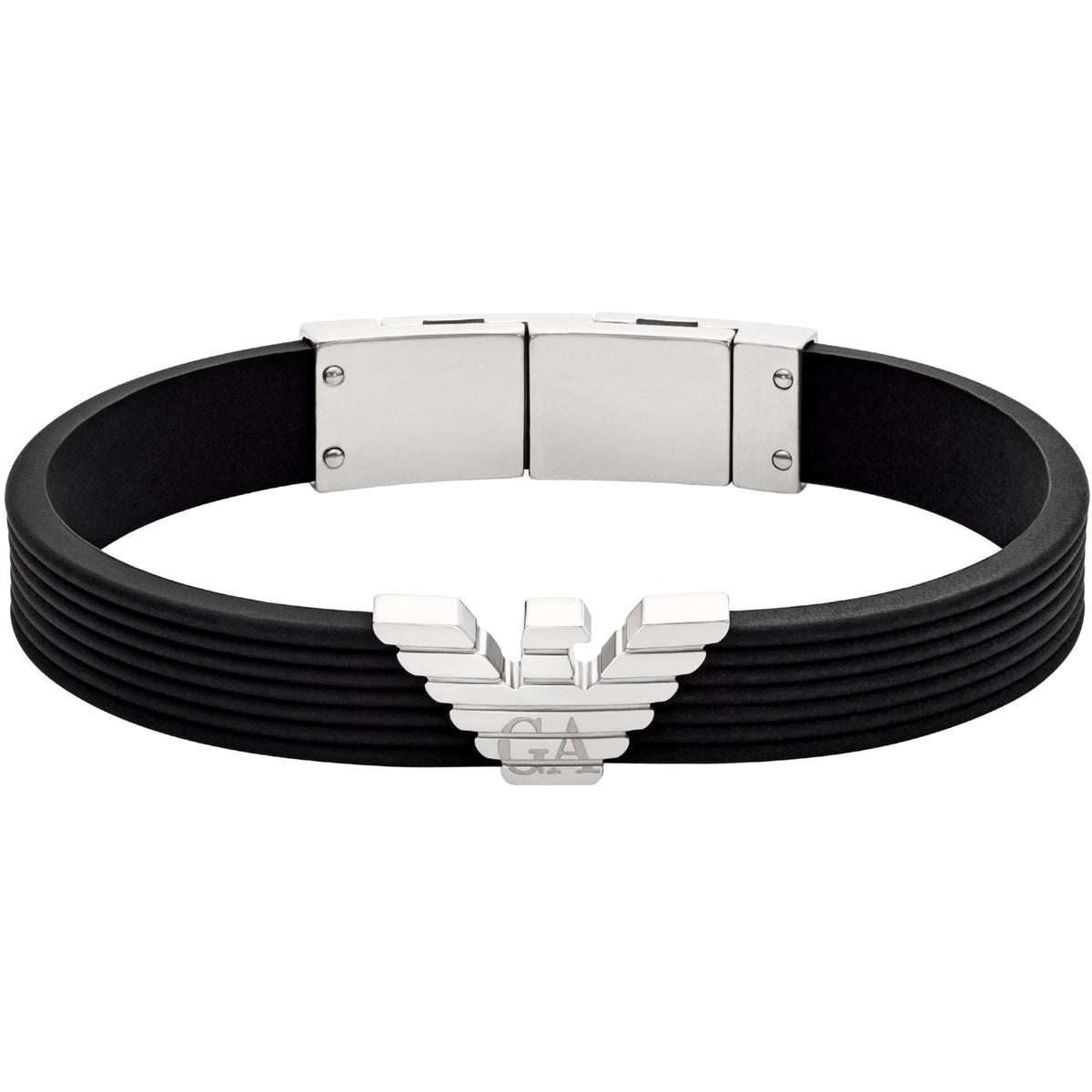 Front view of black silicone ID bracelet with silver-tone rectangular clasp and logo detail