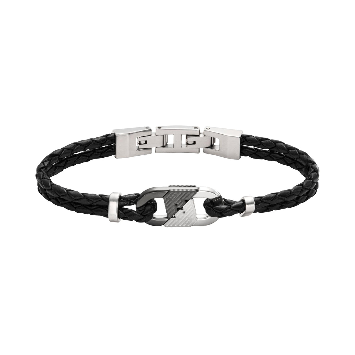 Emporio Armani two-tone stainless steel ID bracelet featuring black braided strap and silver H-link