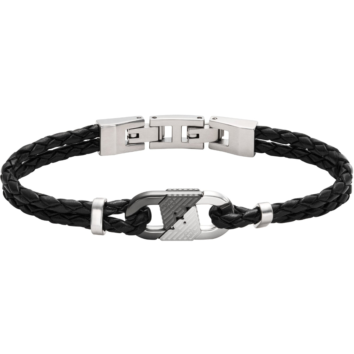 Emporio Armani two-tone stainless steel ID bracelet with black braided strap and engraved silver panel