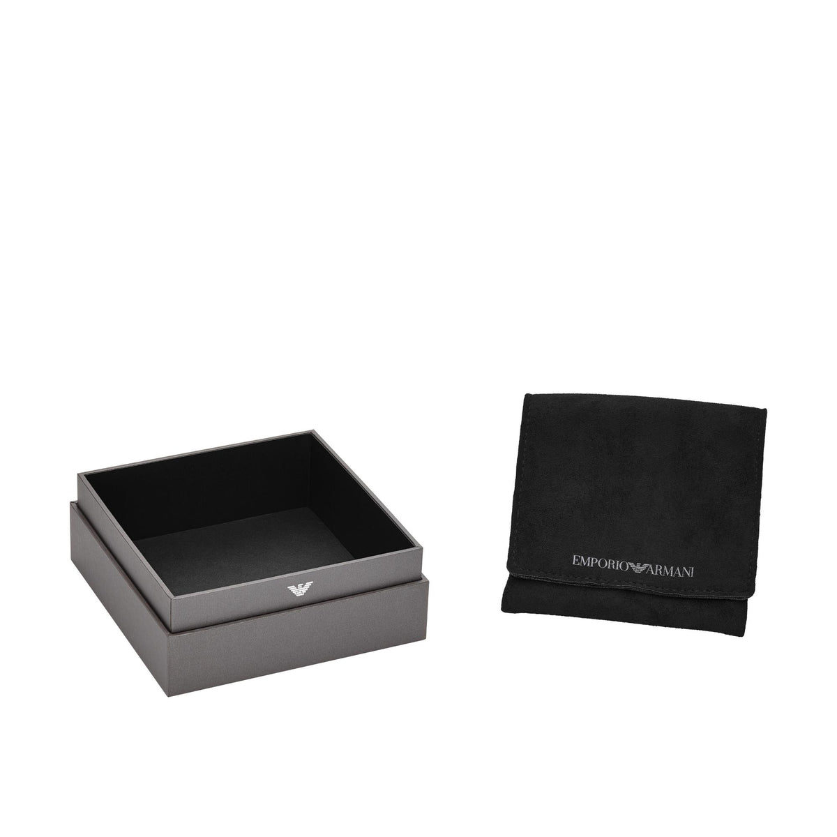 Gray jewelry box and black EMPORIOARMANI pouch shown with stainless steel dog tag necklace