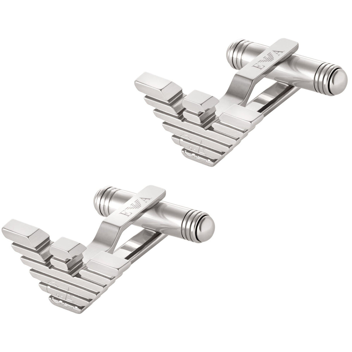 Stainless steel men's cuff links with ribbed V pattern and cylindrical studs