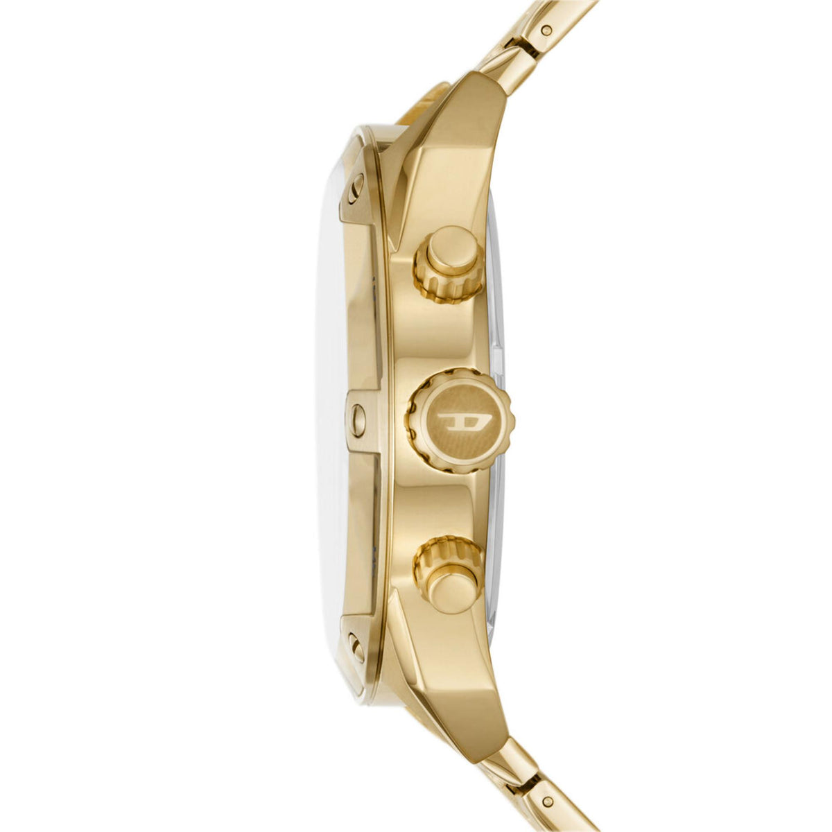 Gold-tone watch case profile with crown and pushers, steel bracelet visible