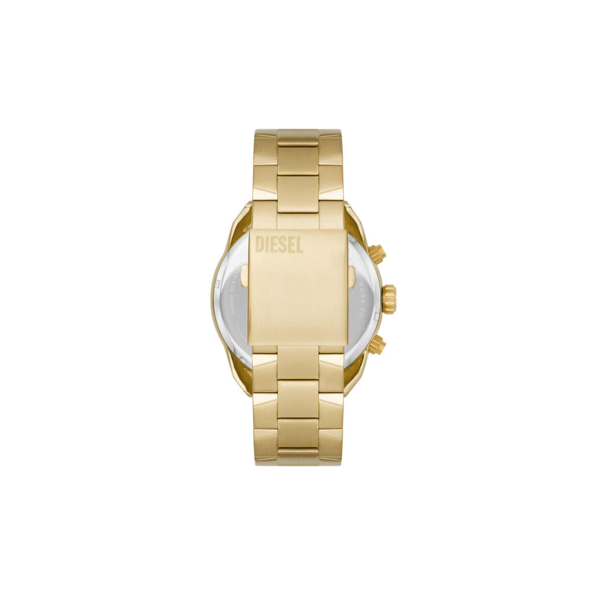 Gold-tone men's chronograph watch with champagne dial and steel bracelet profile