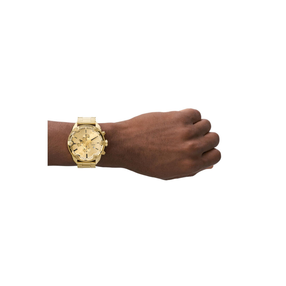 Gold-tone chronograph quartz watch worn on wrist with champagne dial and steel bracelet