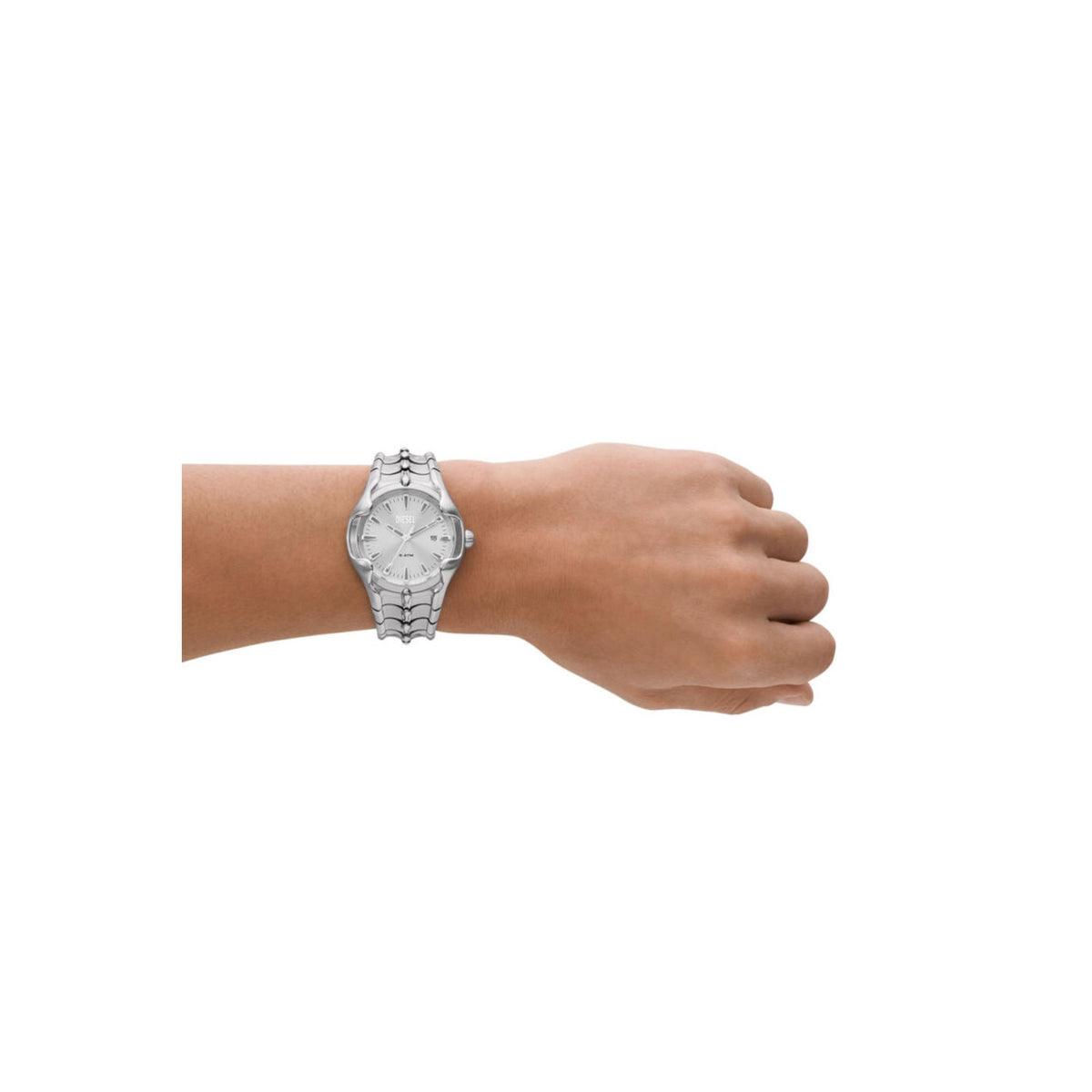 Diesel stainless steel men's watch worn on wrist with silver dial and bracelet