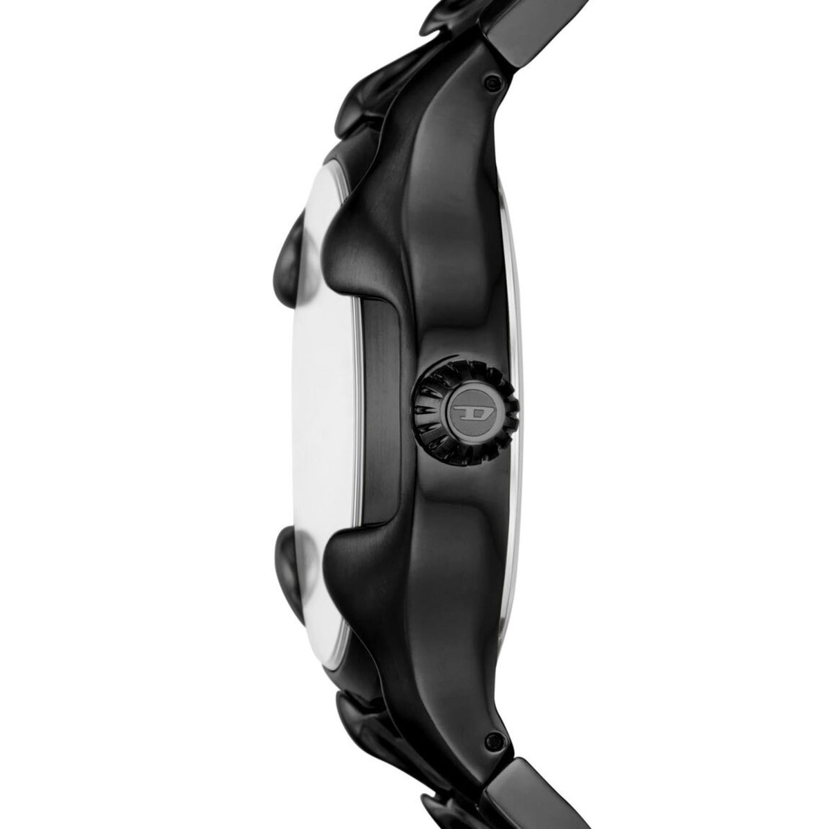 Diesel Vert men's black wrist watch side view, showing thick case and link bracelet