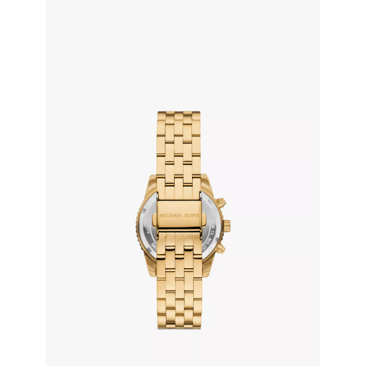 Gold-tone chronograph watch back view with metal link bracelet and case details