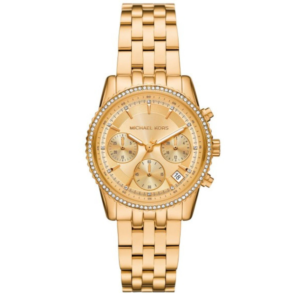Gold-tone chronograph wristwatch with gold dial, subdials, and crystal bezel