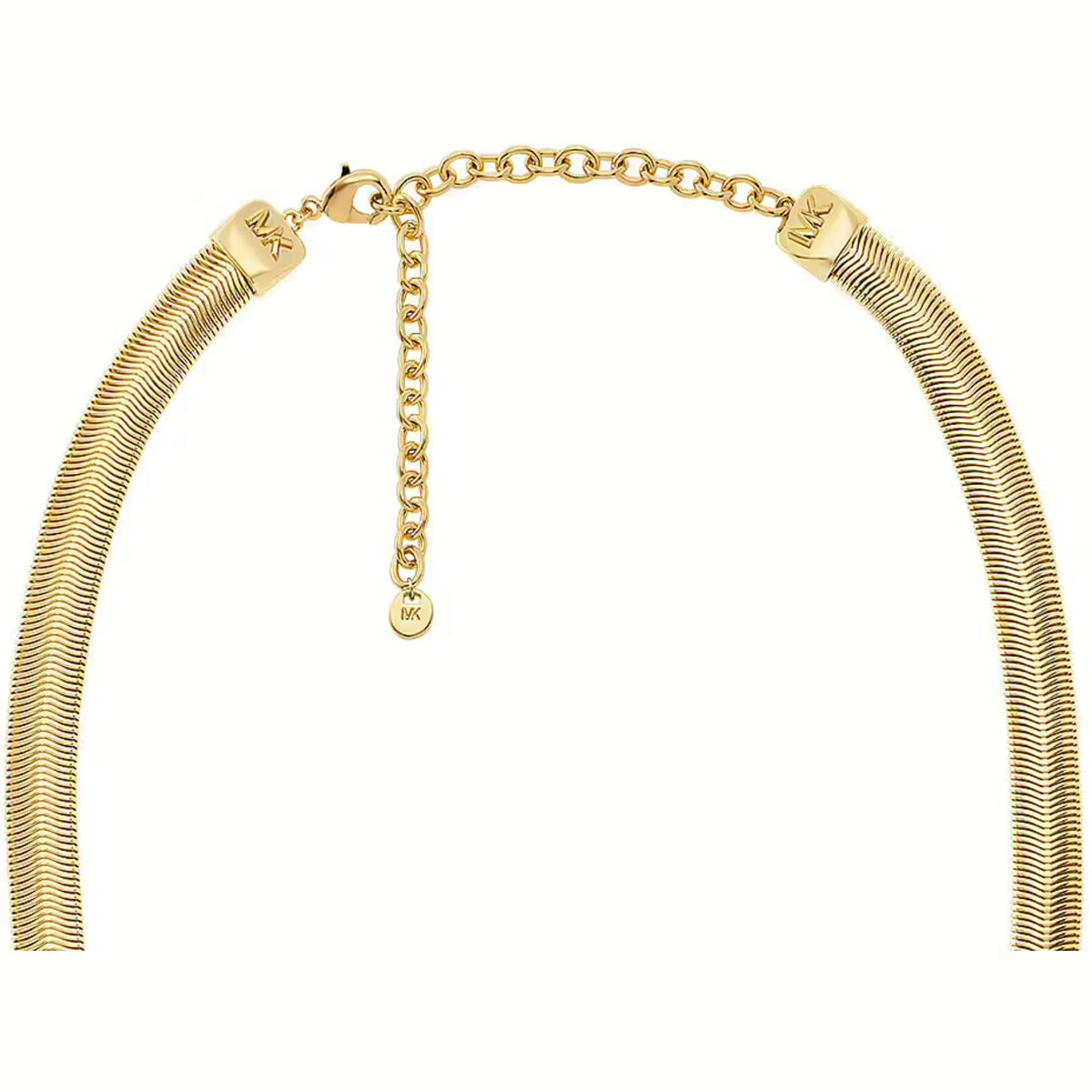 Chevron snake chain necklace in gold tone with end logo tags and center drop charm