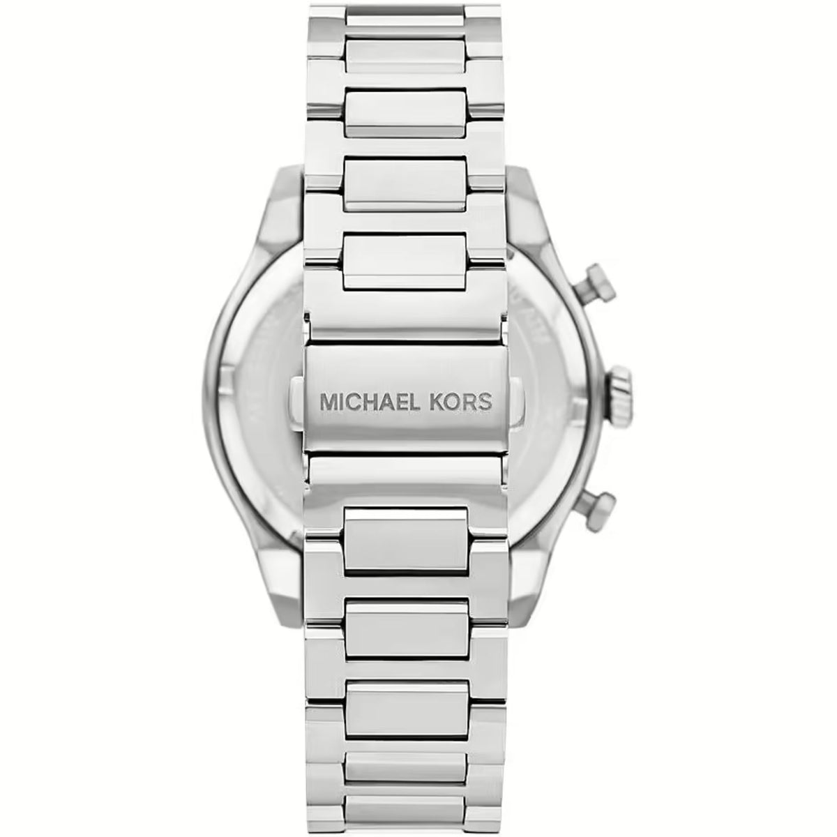 Men's stainless steel watch bracelet back view with engraved logo on the case back