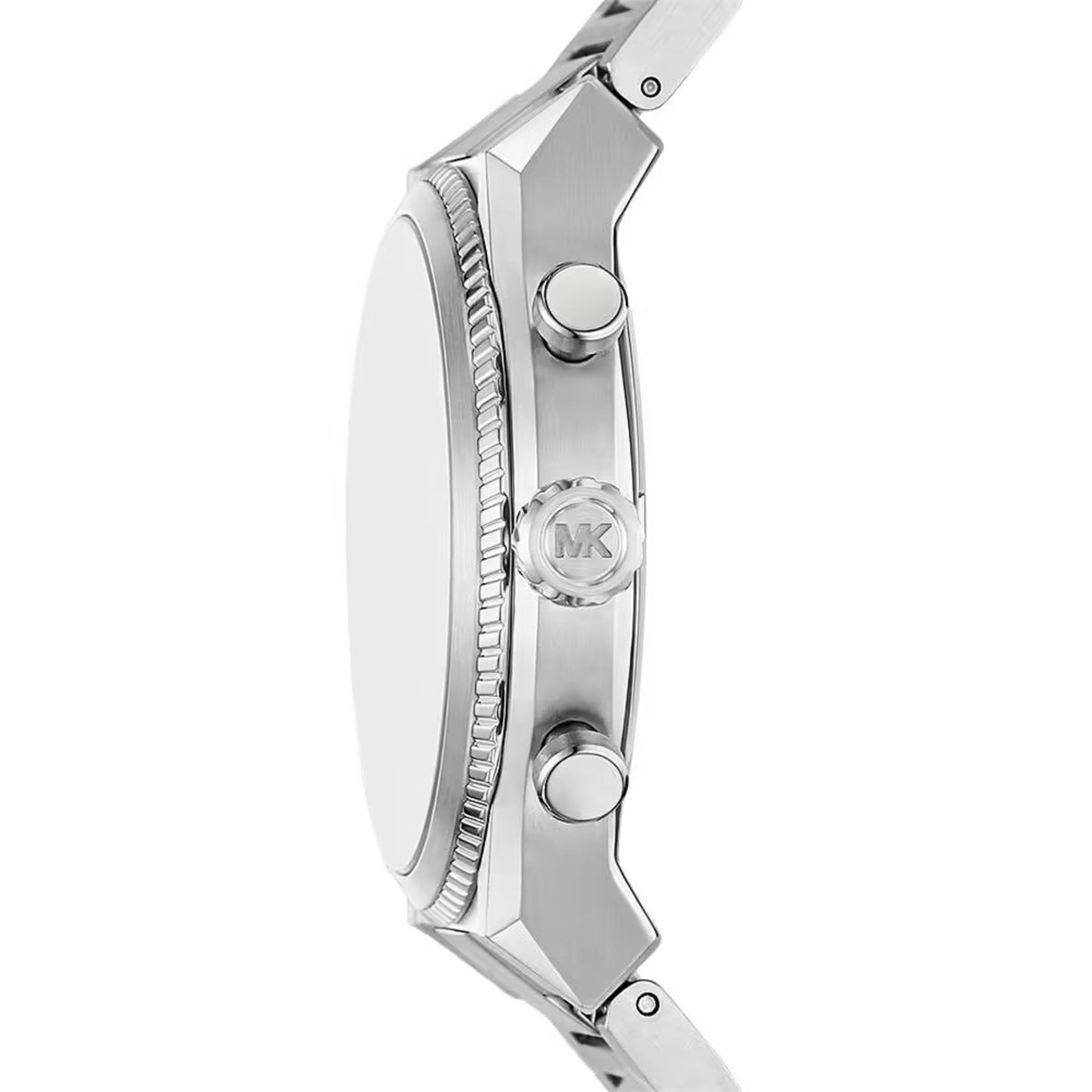 Men's stainless steel watch side profile with crown guards and two pushers