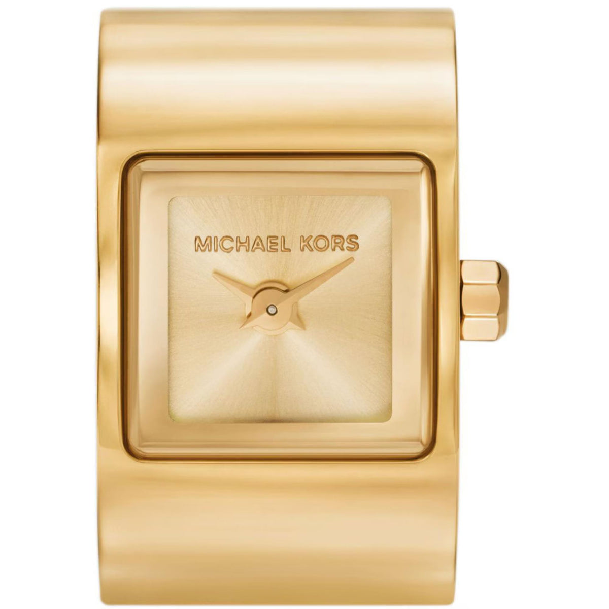 Gold-tone rectangular-square ladies watch with cream dial, gold hands, and strap.
