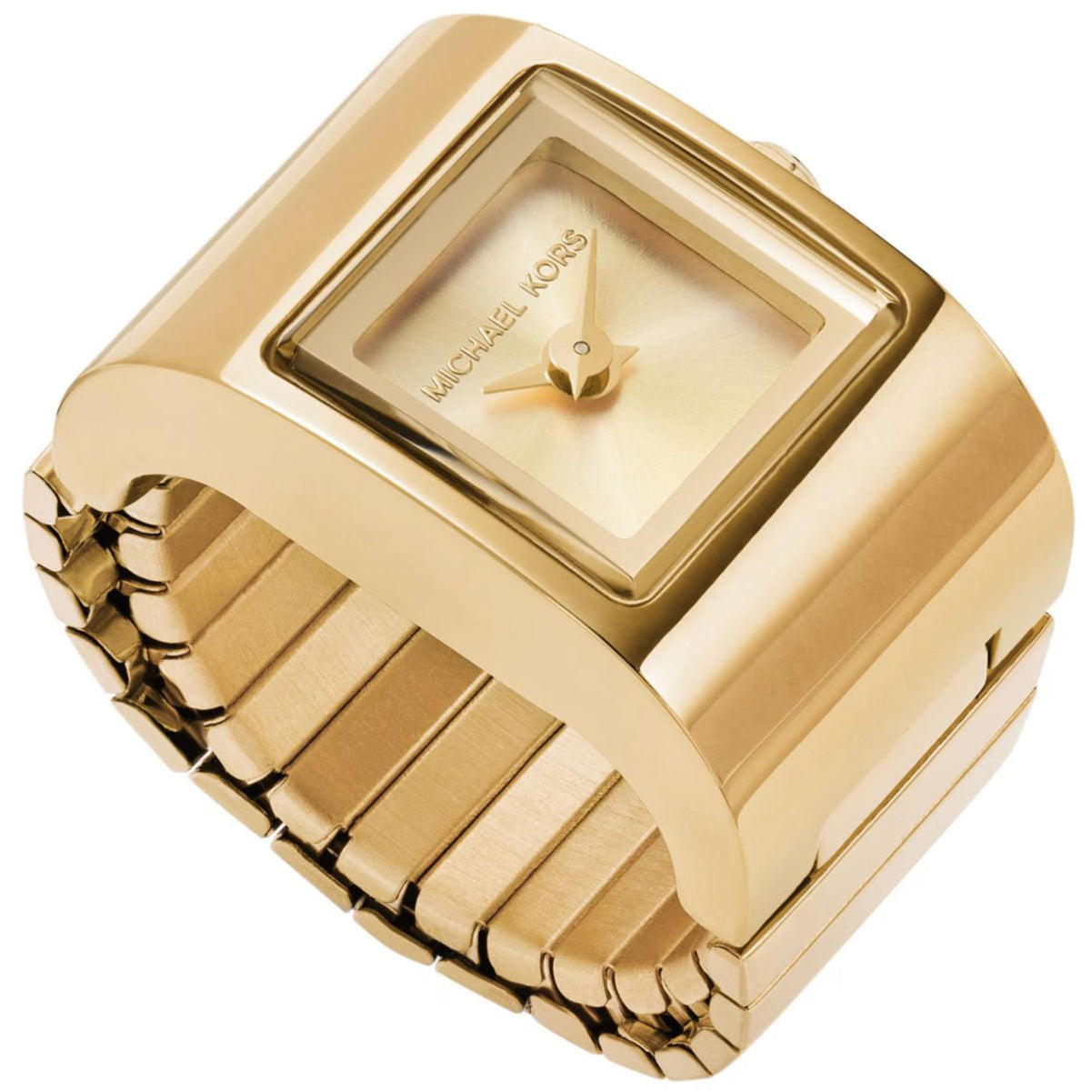 Gold-tone square watch with close-up of ridged bezel and articulated link bracelet.