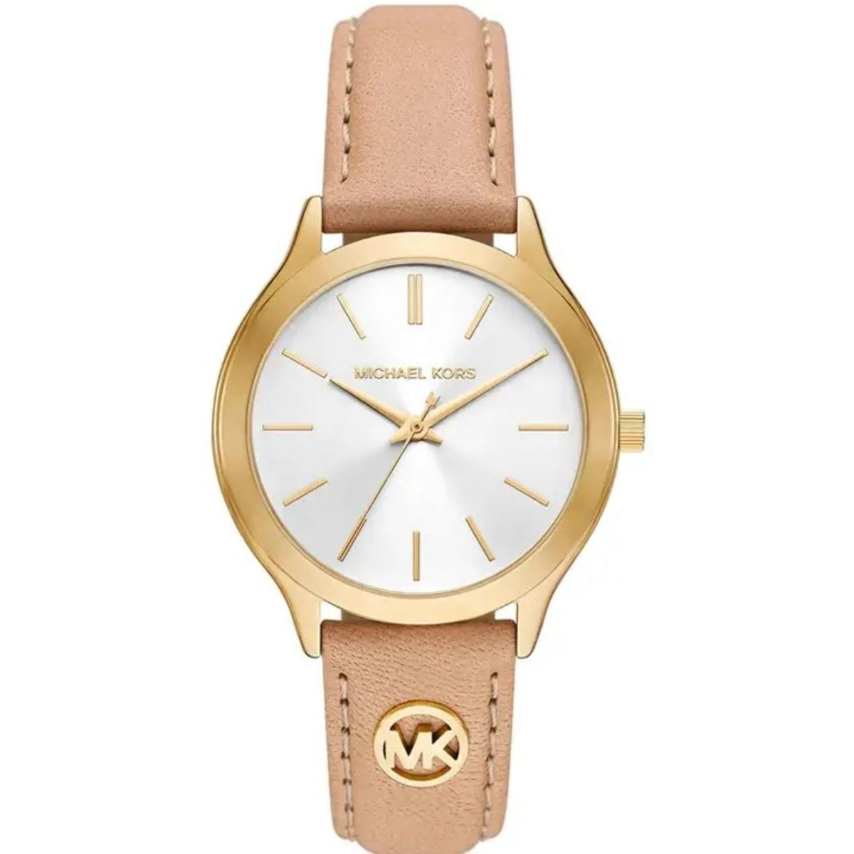 Round women's Michael Kors watch with white dial, gold-tone case, nude leather strap
