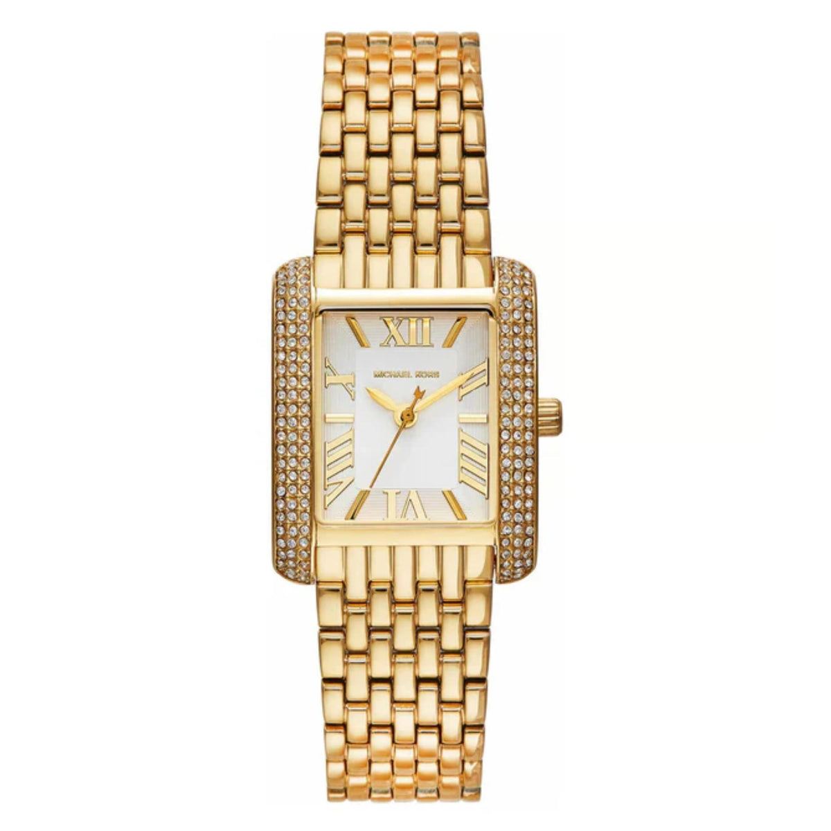 Gold-tone stainless steel ladies watch with white dial, Roman numerals, and diamond-stone bezel