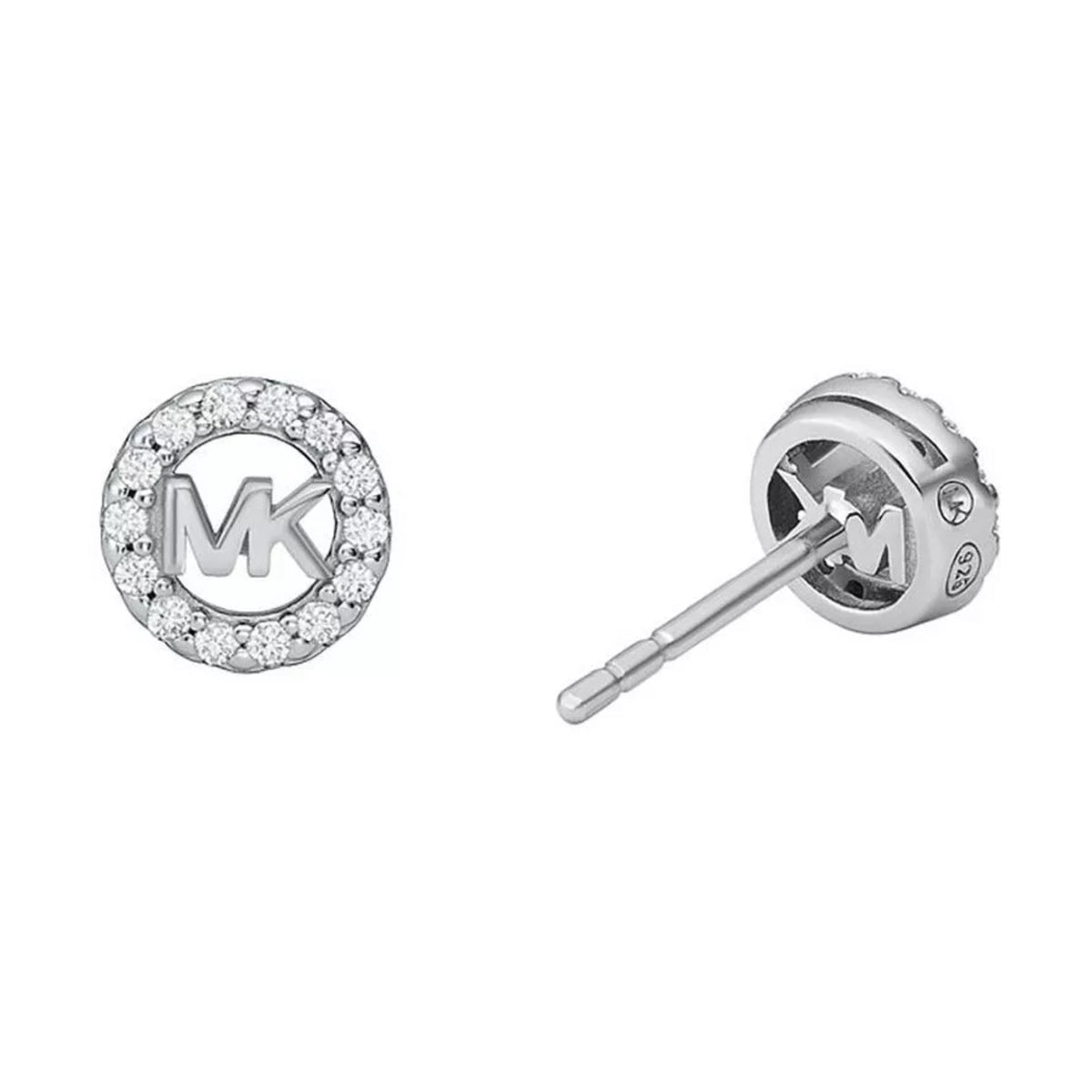 Sterling silver MK logo stud earrings, angled view showing post and crystal rim