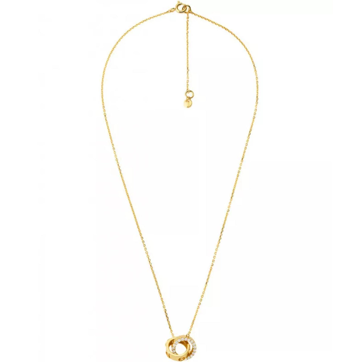 Gold-plated chain necklace with round interlocking pendant at the center