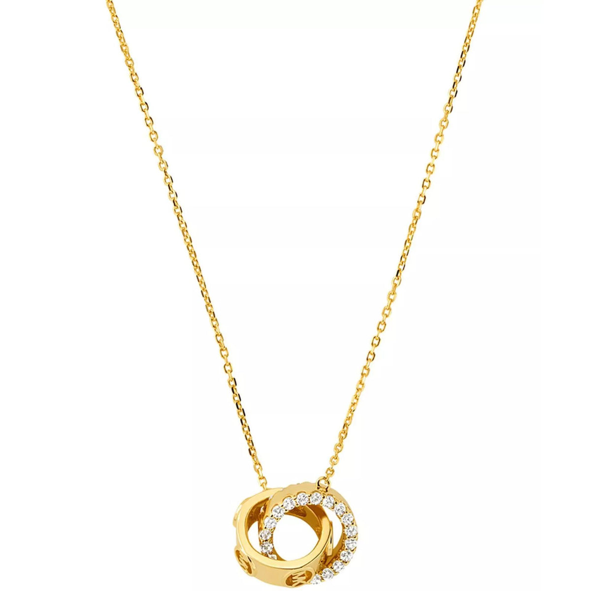 Gold-plated interlocking ring pendant necklace with clear stone circle