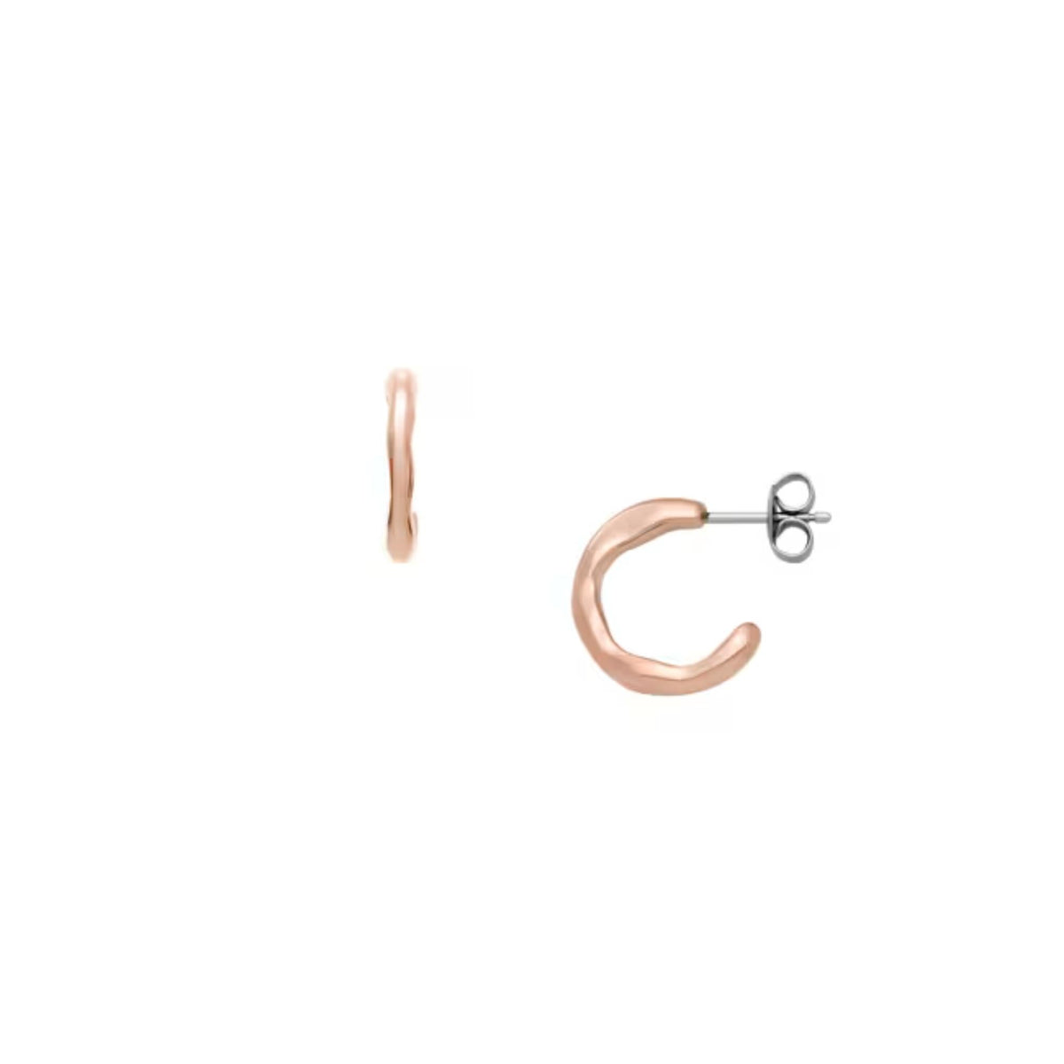 Rose gold-tone stainless steel hoop earrings with hinged post, small curved hoop design