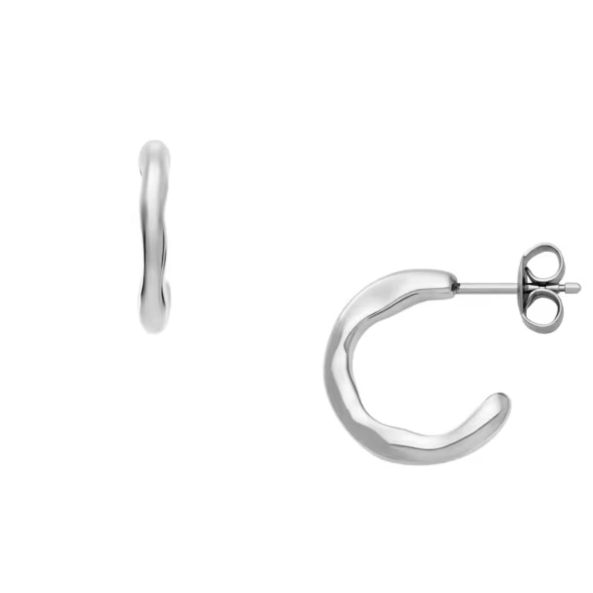 Silver-tone C-hoop earrings with smooth curved edge and stud backing