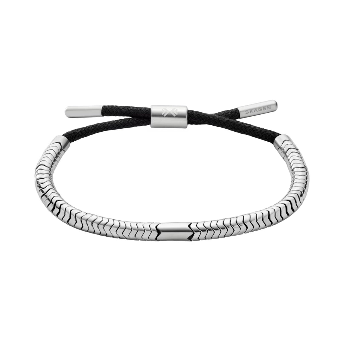 Men's beaded bracelet: black cord with silver-tone beaded links and engraved center clasp