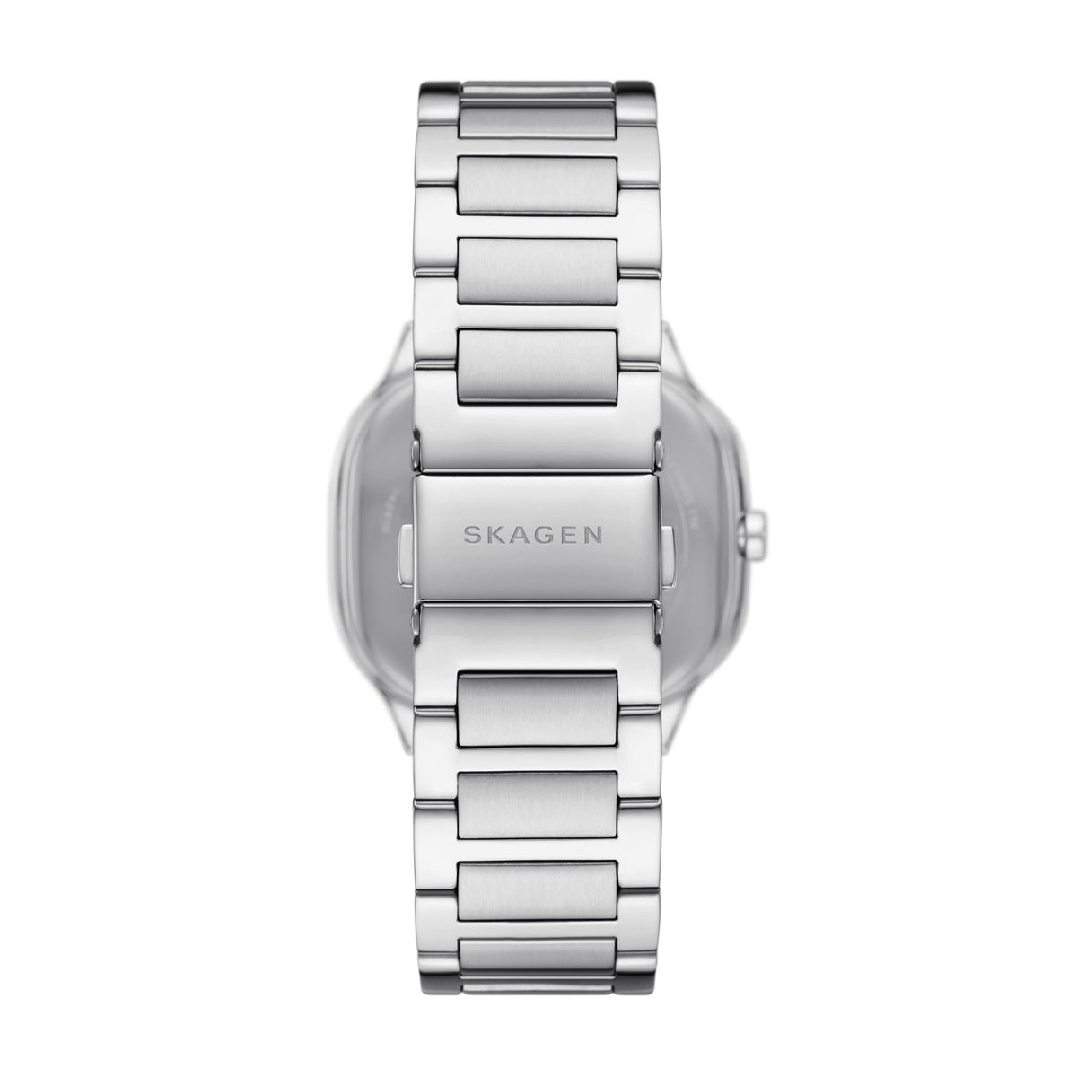 Men's stainless steel wristwatch with silver bracelet and silver dial center view, analog markers