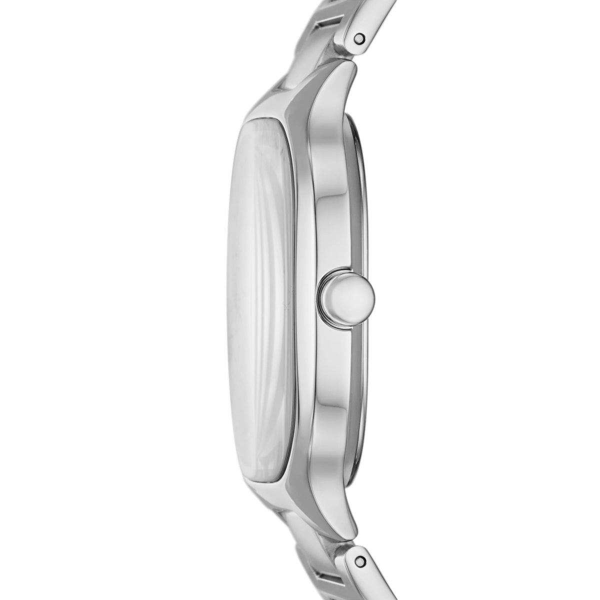 Men's stainless steel wristwatch side profile with polished oval case and round crown