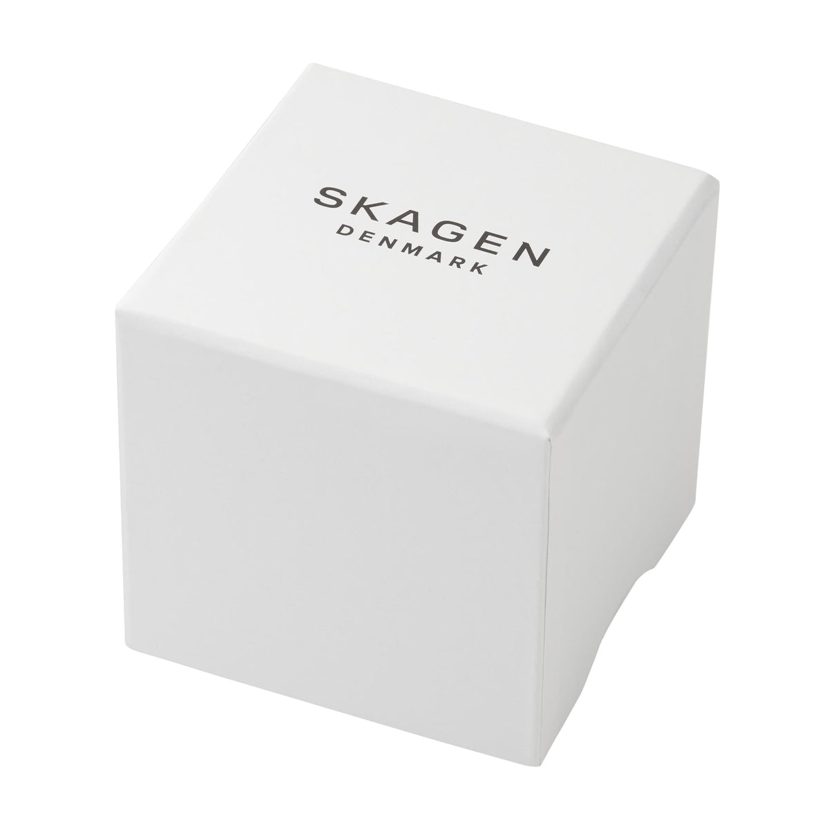 Skagen branded white watch gift box with 'SKAGEN Denmark' logo