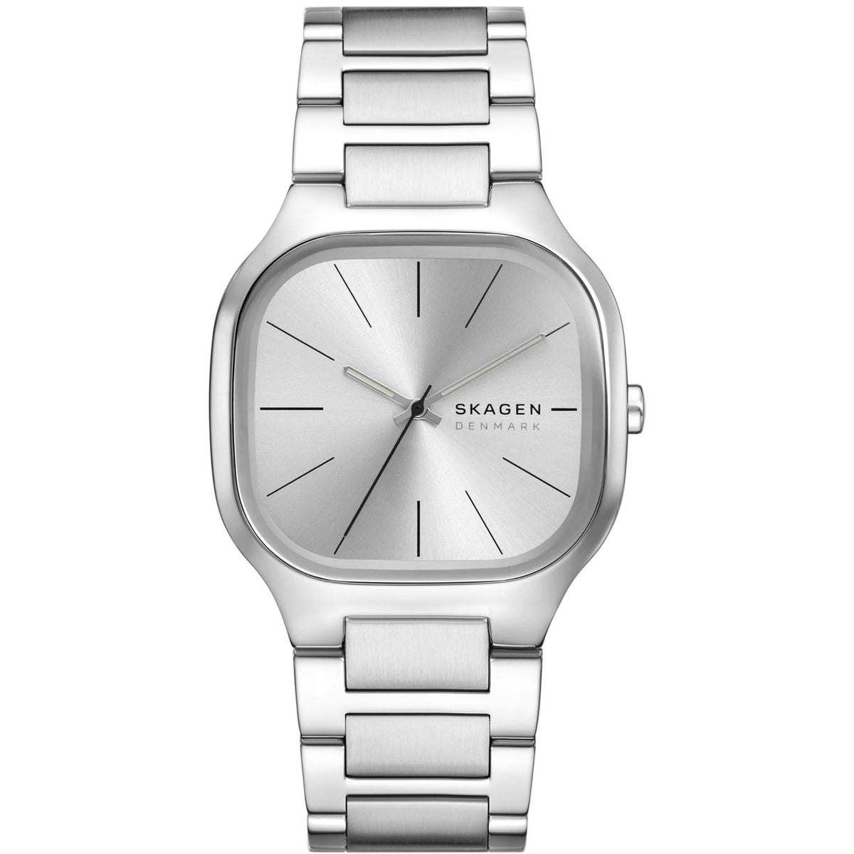 Men's stainless steel oval wristwatch with white dial, slim bezel, and silver bracelet links