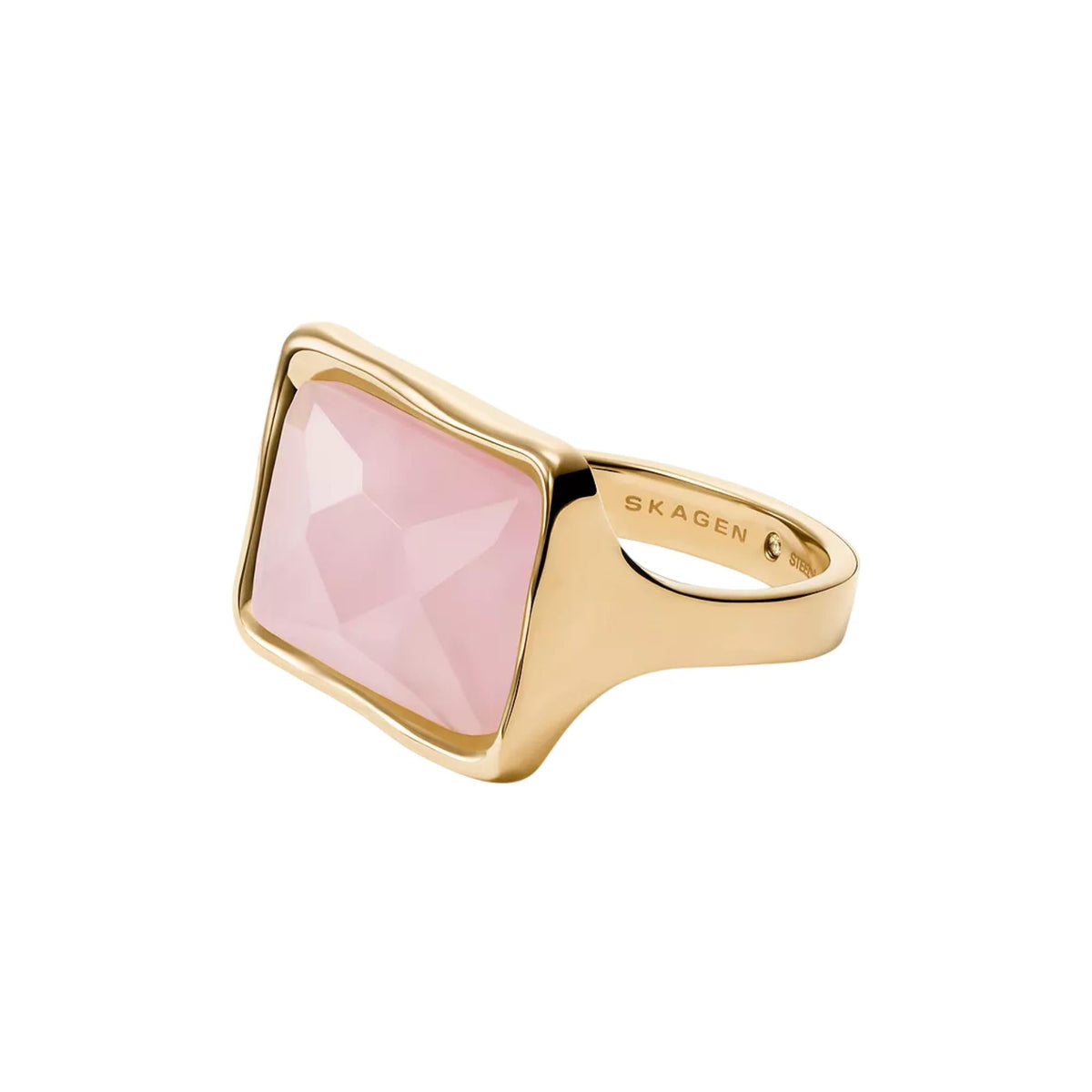 Skagen rose quartz cocktail ring, gold-tone square bezel and pink gemstone