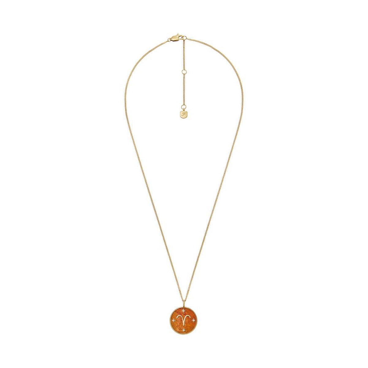 Gold-tone Aries pendant necklace reverse view with orange carnelian round charm