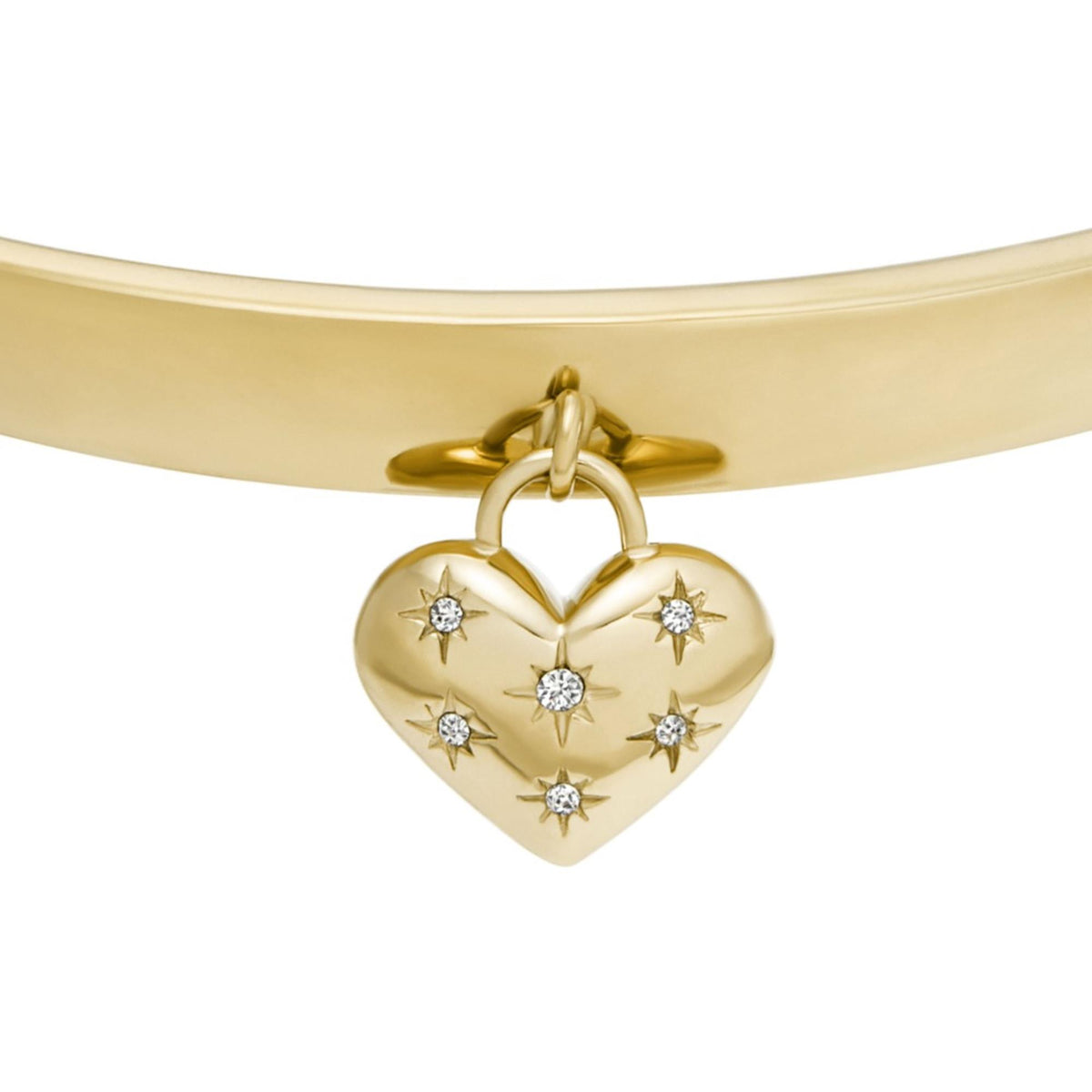 Close-up gold-tone heart charm on bangle bracelet with sparkling star accents
