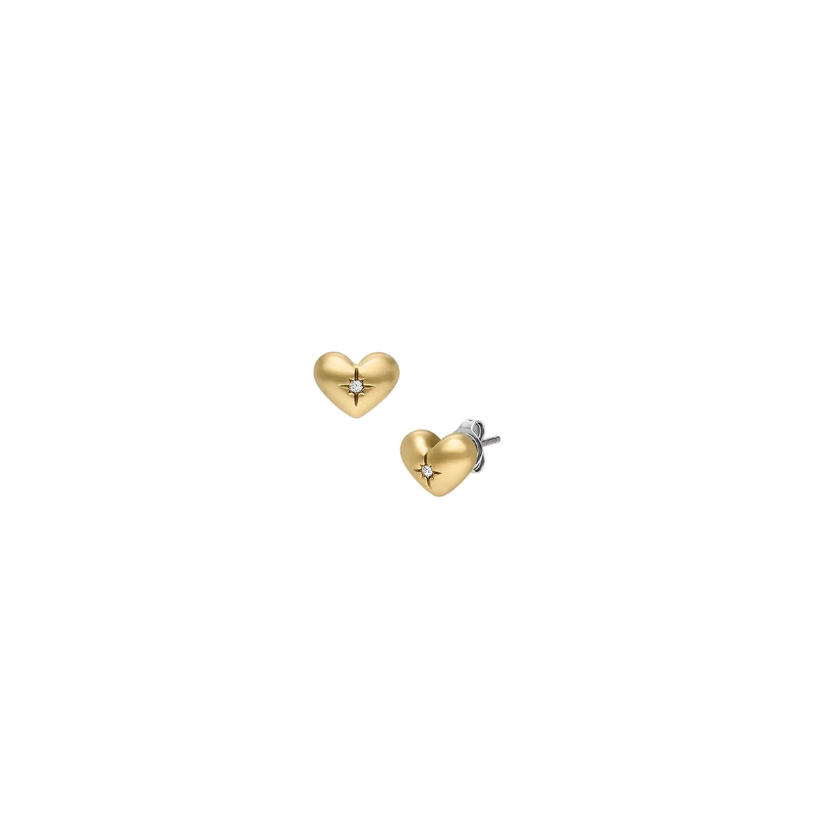 Gold-tone heart stud earrings with small clear gemstone, front view