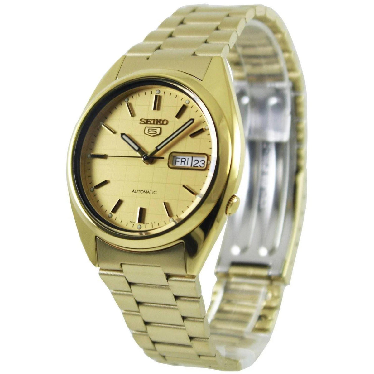 Men's Seiko 5 automatic watch SNXL72K1, gold-tone bracelet and case, gold dial with black markers